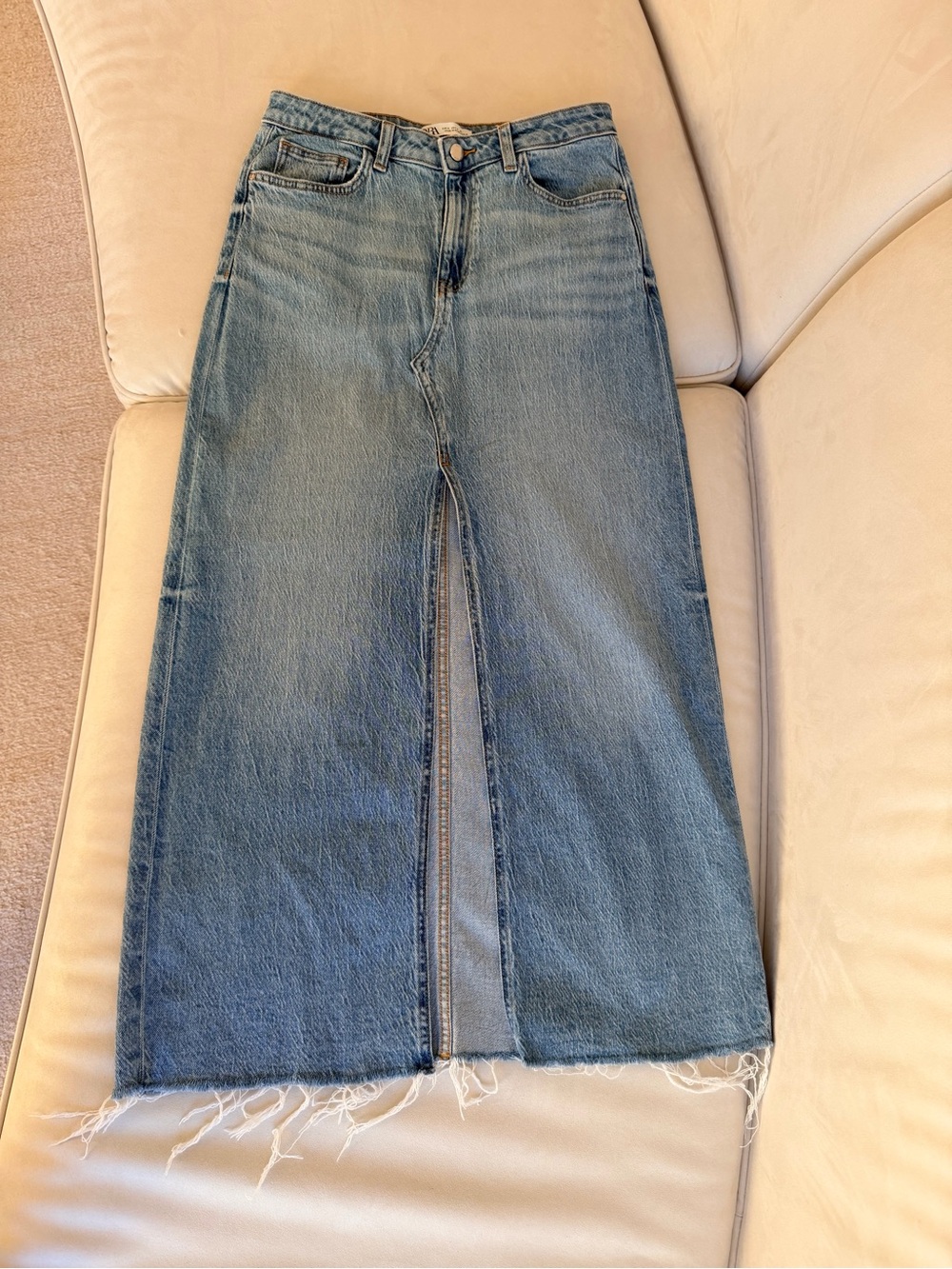 ZARA -High-Waist Blue Denim Split-Hem Midi Skirt